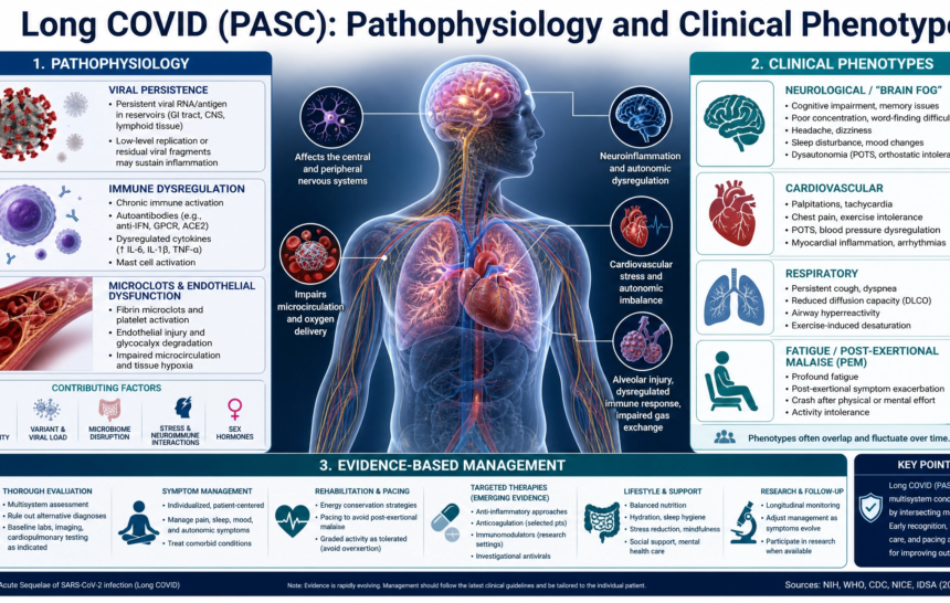 long_covid_pathophysiology Long COVID (Post-Acute Sequelae of SARS-CoV-2): Pathophysiology, Clinical Phenotypes, and Evidence-Based Management 2026